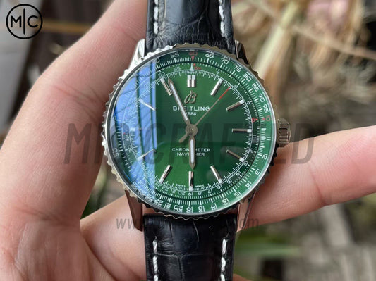 Navitimer Automatic 41mm SS Green Dial on Black Leather Strap – Premium Edition
