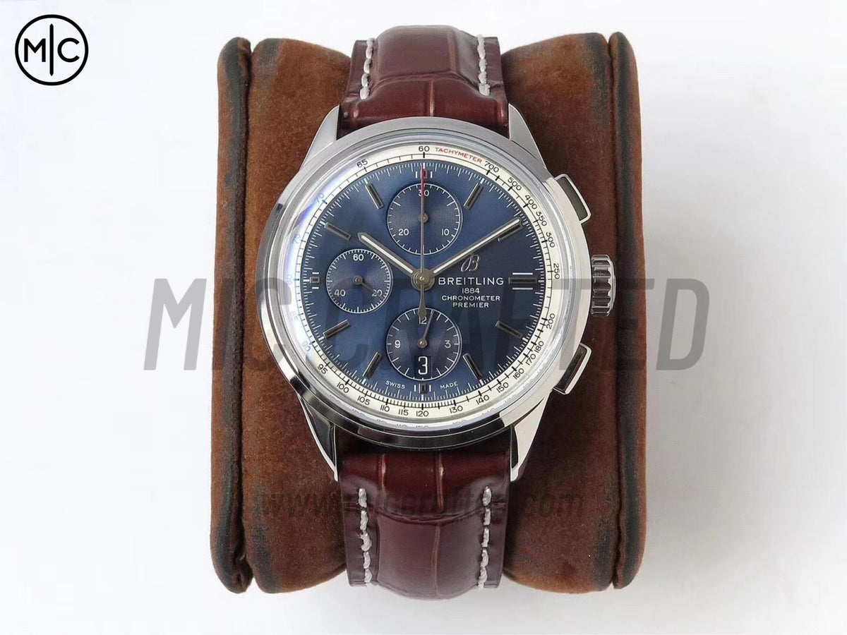 Premier Chronograph 42mm 不鏽鋼藍色錶面搭配棕色皮革錶帶 - 尊貴版