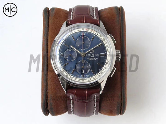 Premier Chronograph 42mm 不鏽鋼藍色錶面搭配棕色皮革錶帶 - 尊貴版