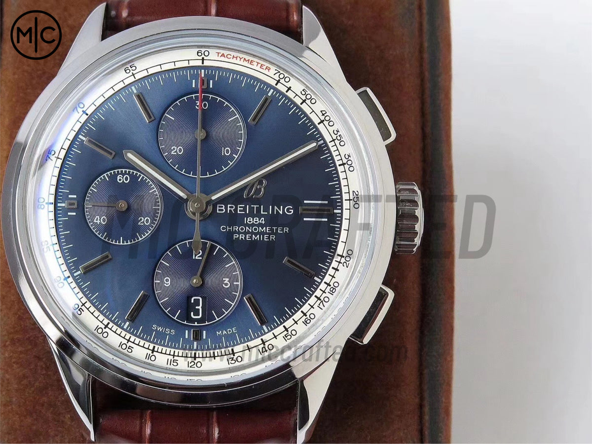 Premier Chronograph 42mm 不鏽鋼藍色錶面搭配棕色皮革錶帶 - 尊貴版