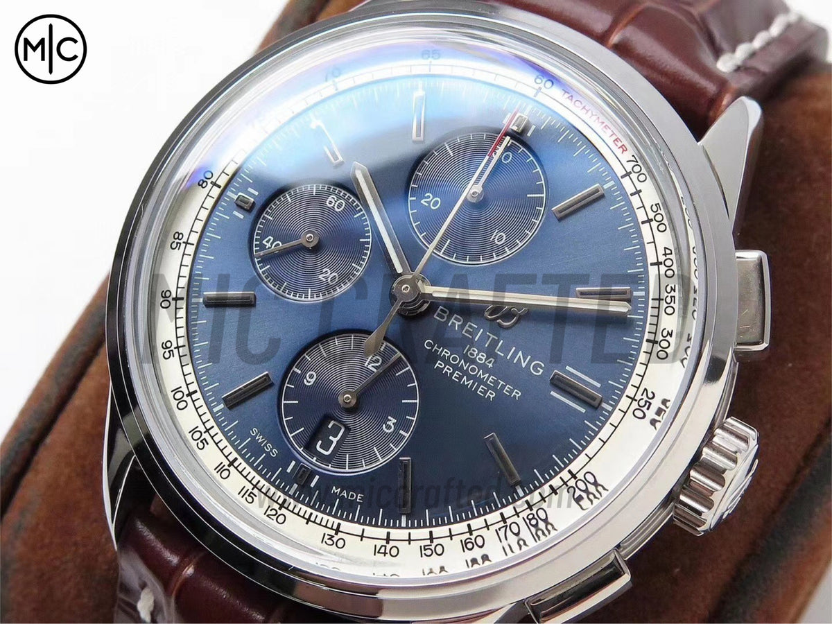 Premier Chronograph 42mm 不鏽鋼藍色錶面搭配棕色皮革錶帶 - 尊貴版