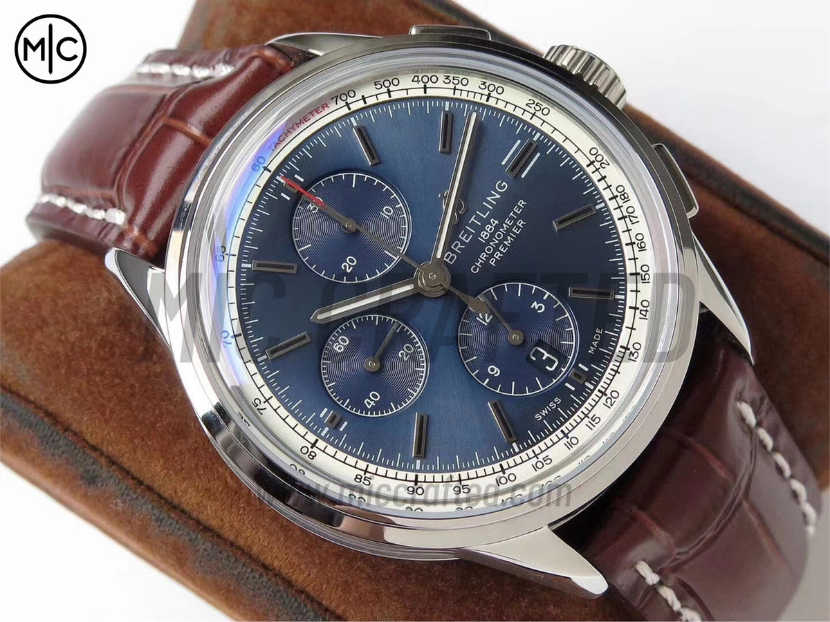 Premier Chronograph 42mm 不鏽鋼藍色錶面搭配棕色皮革錶帶 - 尊貴版