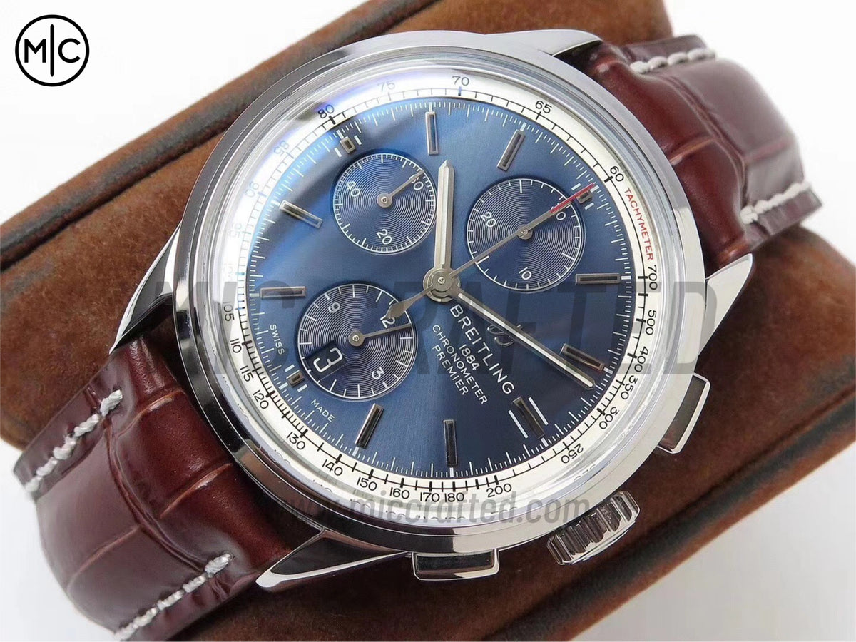 Premier Chronograph 42mm 不鏽鋼藍色錶面搭配棕色皮革錶帶 - 尊貴版