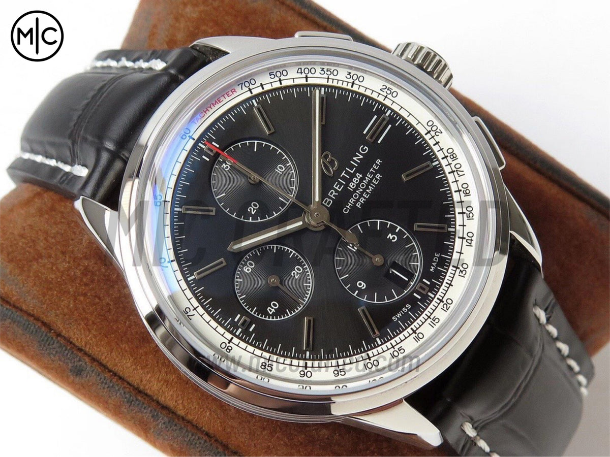 Premier Chronograph 42mm 不鏽鋼黑色錶面搭配黑色皮革錶帶 - 尊貴版