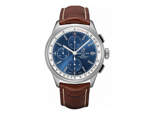 Premier Chronograph 42mm 不鏽鋼藍色錶面搭配棕色皮革錶帶 - 尊貴版