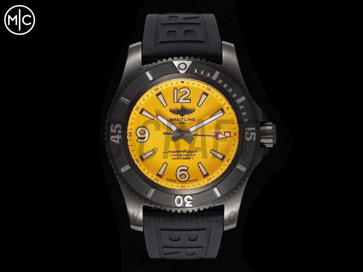 Superocean Automatic 46mm PVD Yellow Dial Black Bezel on Black Rubber Strap – Premium Edition