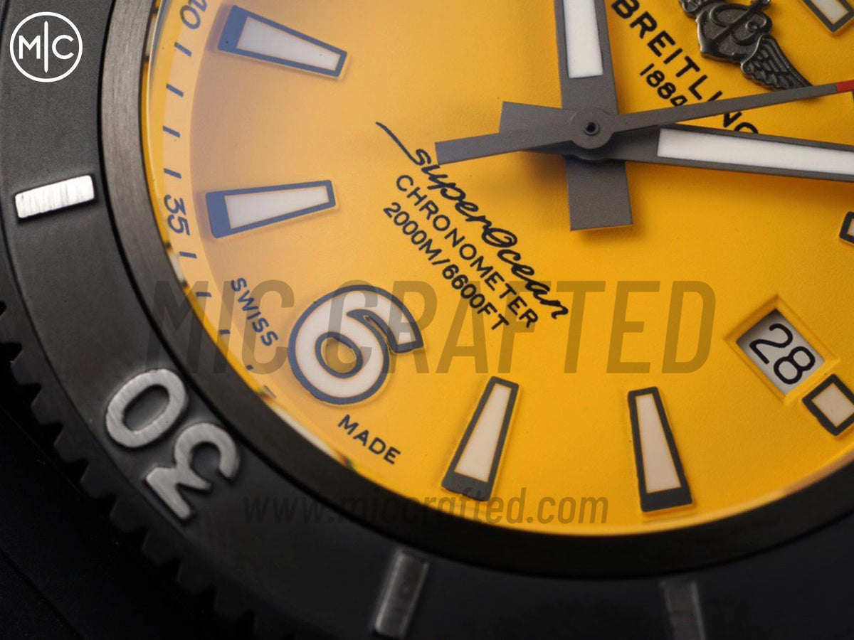 Superocean Automatic 46mm PVD Yellow Dial Black Bezel on Black Rubber Strap – Premium Edition