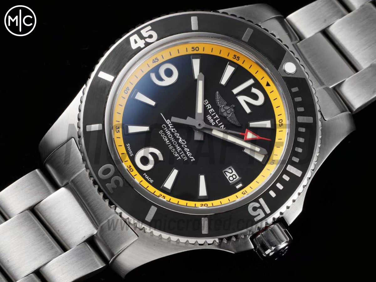 Superocean Automatic 44mm 不鏽鋼黑黃雙色錶面、黑色錶圈搭配不鏽鋼錶鏈 - 尊貴版