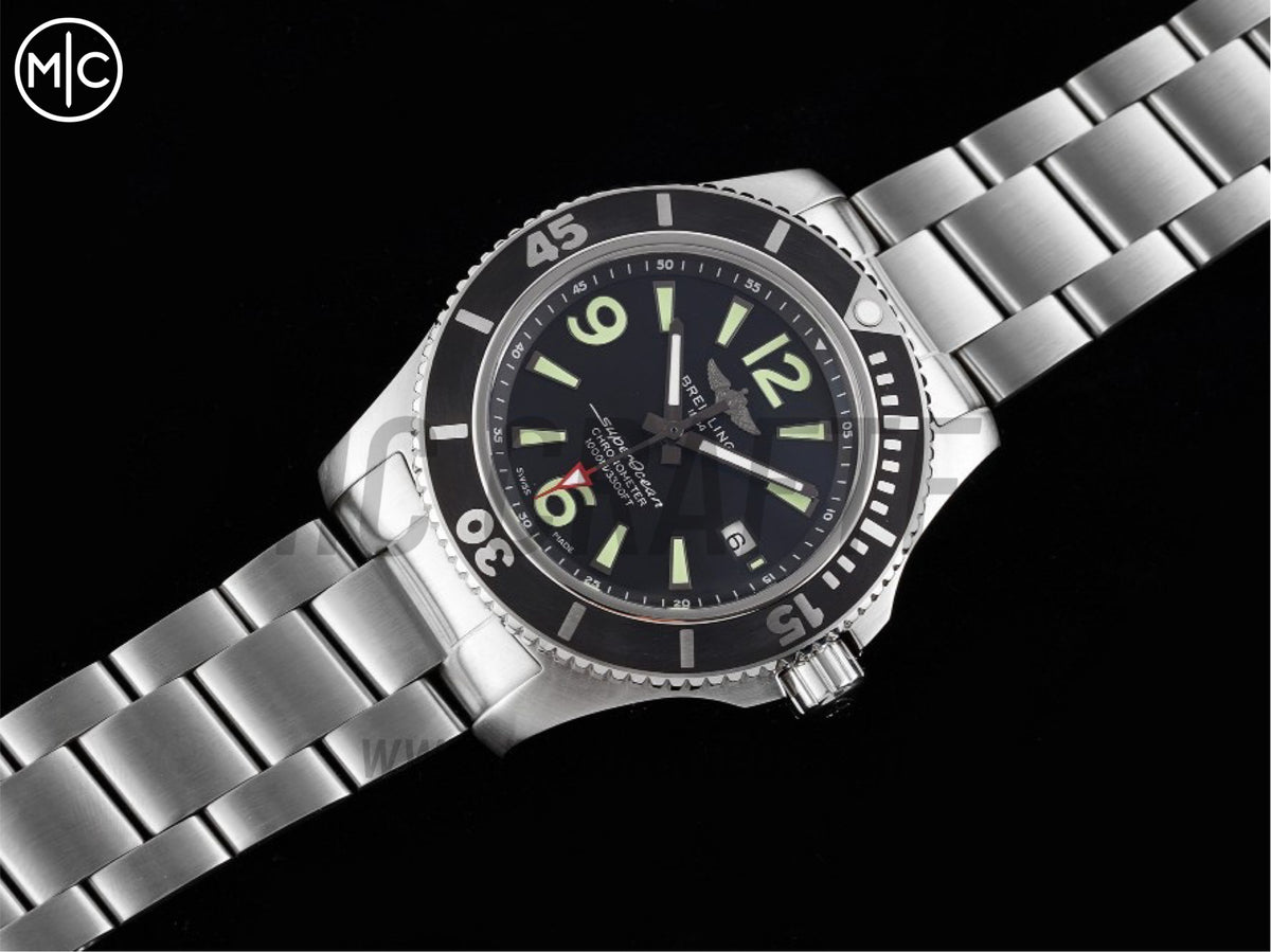 Superocean 海洋文化系列自動腕錶 44mm 不鏽鋼黑色錶盤黑色錶圈，配不鏽鋼鍊帶 - 高級版