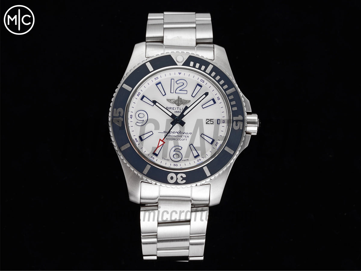 Superocean 海洋文化系列自動腕錶 44mm 不鏽鋼白色錶盤藍色錶圈，配不鏽鋼鍊帶 - 高級版