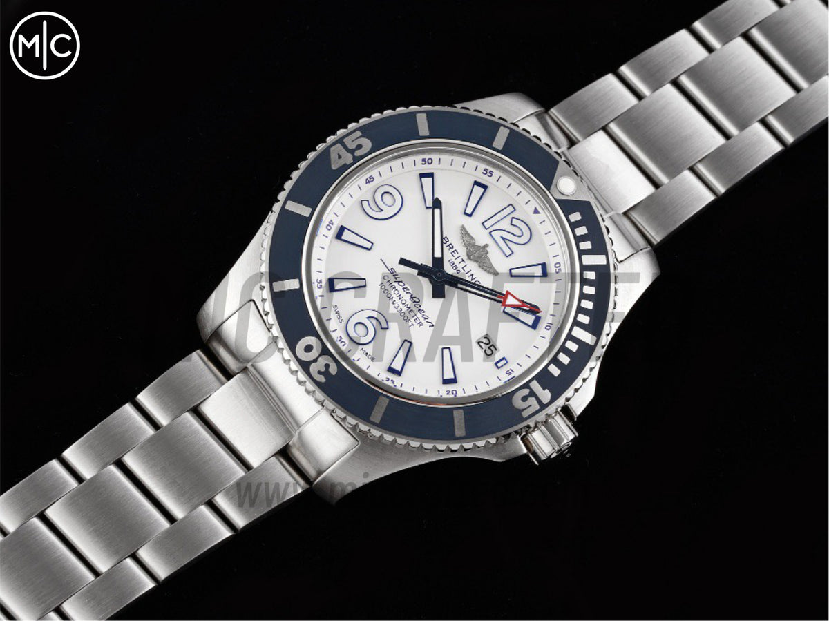 Superocean 海洋文化系列自動腕錶 44mm 不鏽鋼白色錶盤藍色錶圈，配不鏽鋼鍊帶 - 高級版