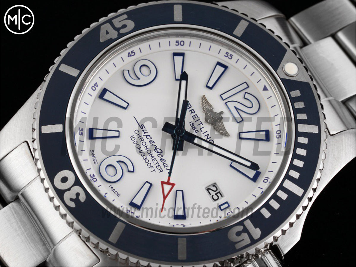 Superocean 海洋文化系列自動腕錶 44mm 不鏽鋼白色錶盤藍色錶圈，配不鏽鋼鍊帶 - 高級版
