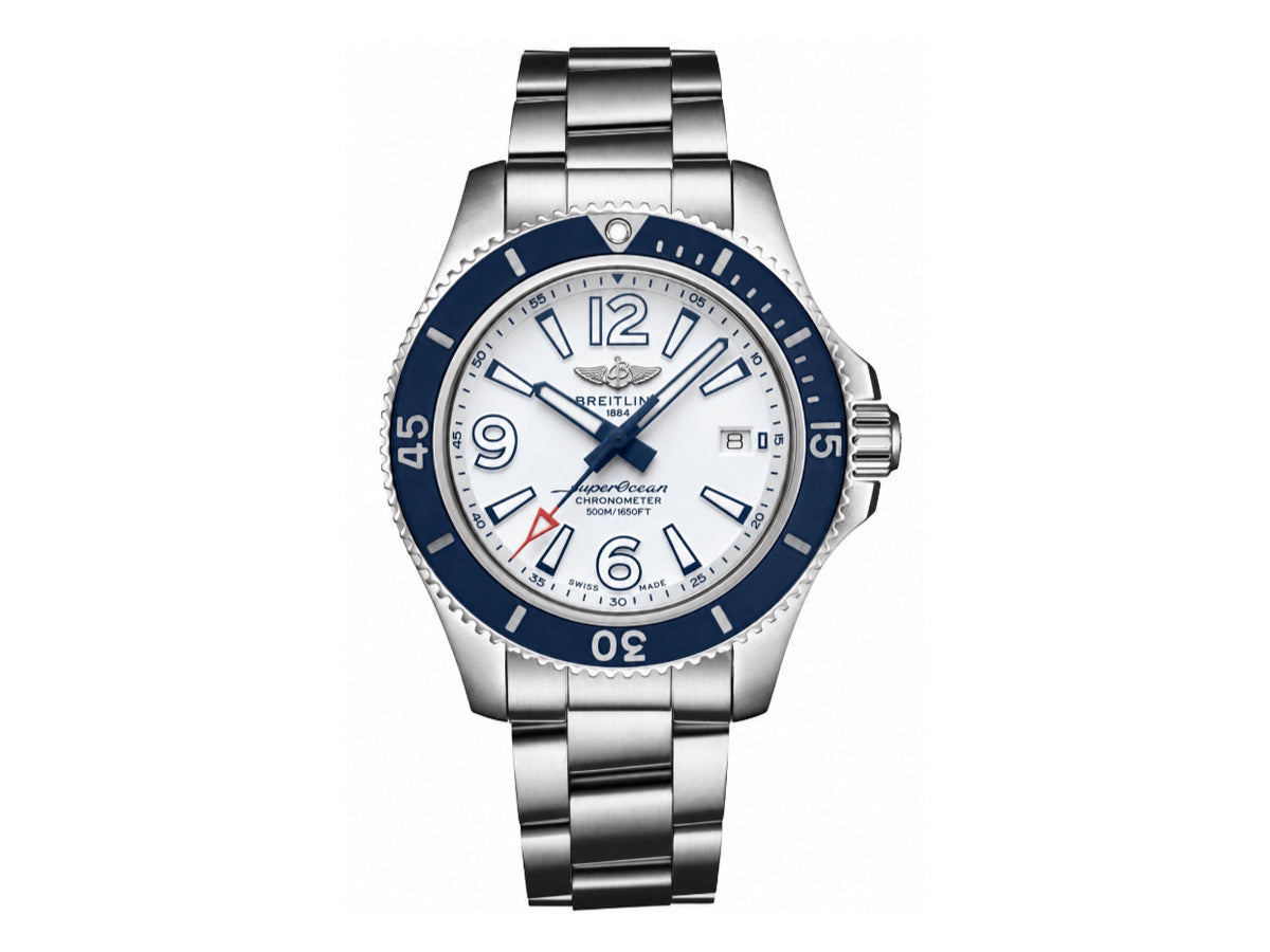 Superocean 海洋文化系列自動腕錶 44mm 不鏽鋼白色錶盤藍色錶圈，配不鏽鋼鍊帶 - 高級版