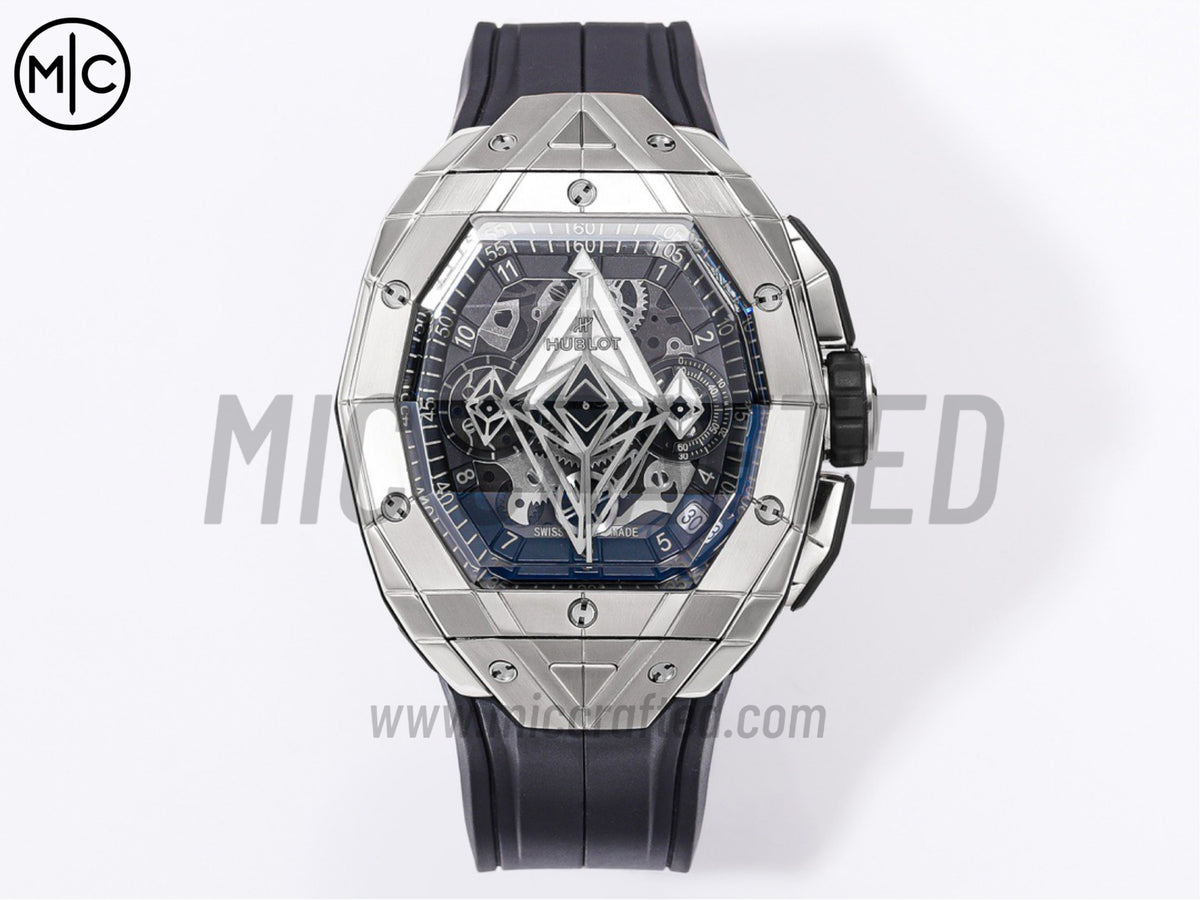Spirit of Big Bang Sang Bleu 42mm 不鏽鋼鏤空錶盤，配黑色橡膠錶帶 - 高級版