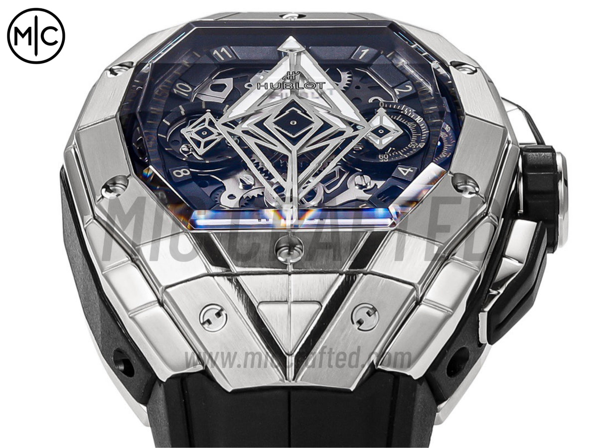 Spirit of Big Bang Sang Bleu 42mm 不鏽鋼鏤空錶盤，配黑色橡膠錶帶 - 高級版
