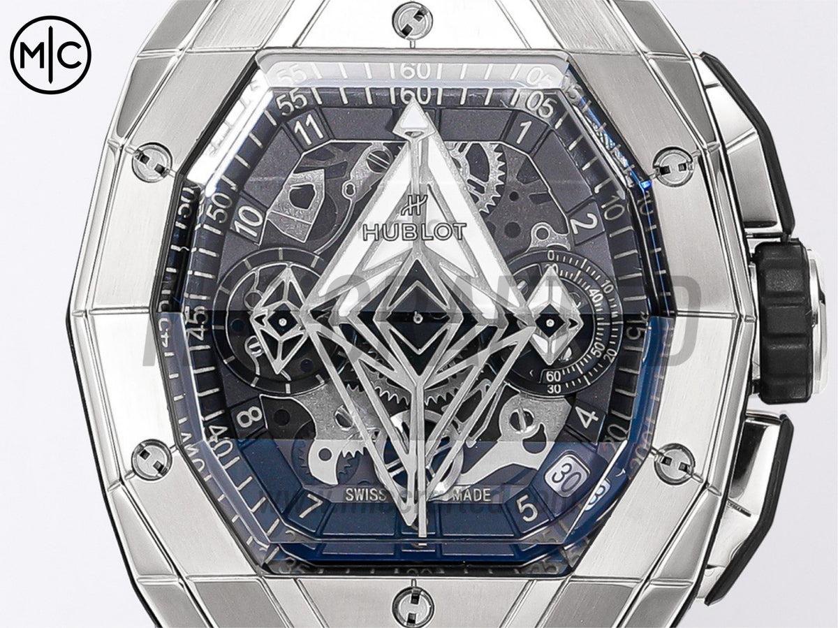 Spirit of Big Bang Sang Bleu 42mm 不鏽鋼鏤空錶盤，配黑色橡膠錶帶 - 高級版
