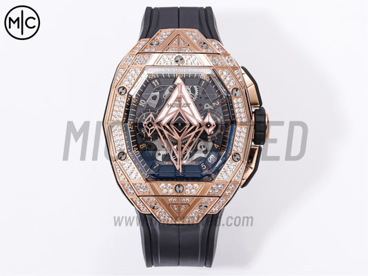 Spirit of Big Bang Sang Bleu 42mm RG Full Diamonds Skeleton Dial on Black Rubber Strap – Premium Edition