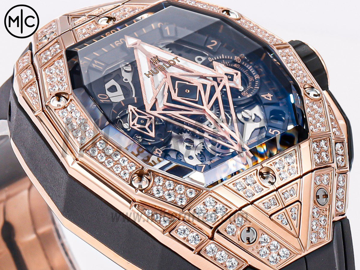 Spirit of Big Bang Sang Bleu 42mm 玫瑰金全鑽鏤空錶盤，配黑色橡膠錶帶 - 高級版