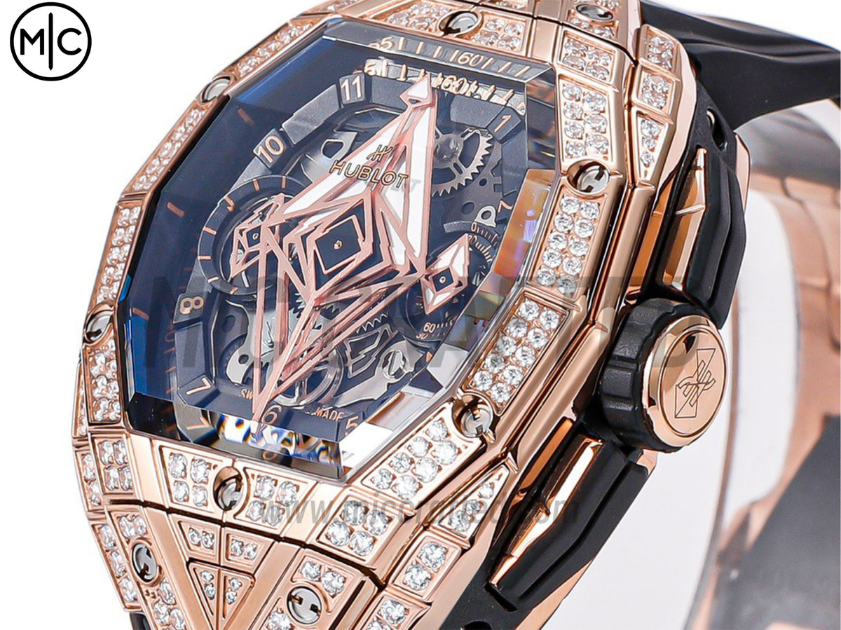 Spirit of Big Bang Sang Bleu 42mm 玫瑰金全鑽鏤空錶盤，配黑色橡膠錶帶 - 高級版