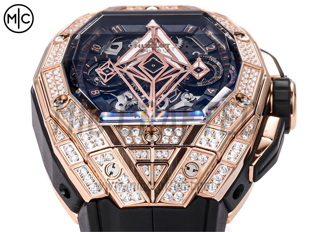 Spirit of Big Bang Sang Bleu 42mm 玫瑰金全鑽鏤空錶盤，配黑色橡膠錶帶 - 高級版