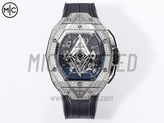 Spirit of Big Bang Sang Bleu 42mm SS Full Diamonds Skeleton Dial on Black Rubber Strap – Premium Edition