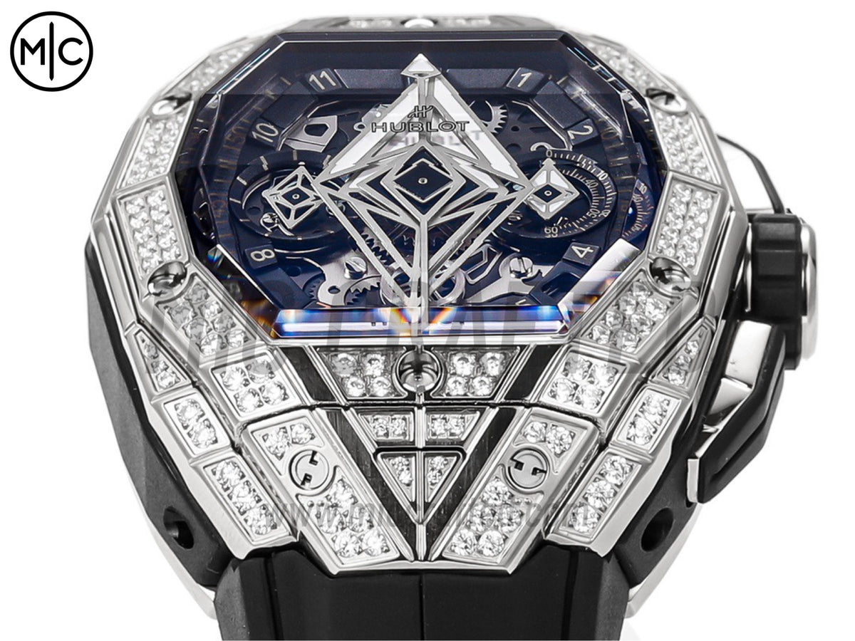 Spirit of Big Bang Sang Bleu 42mm SS Full Diamonds Skeleton Dial on Black Rubber Strap – Premium Edition