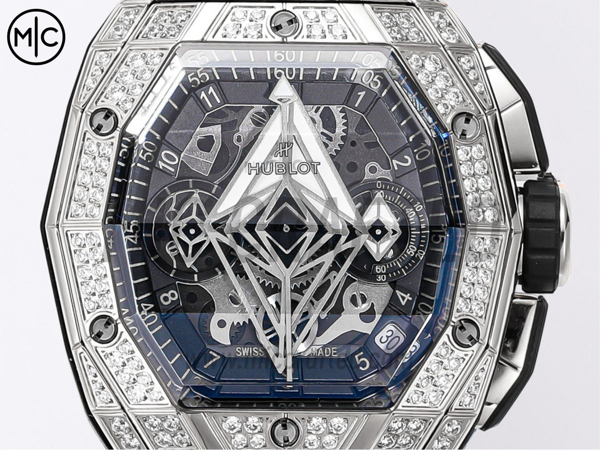 Spirit of Big Bang Sang Bleu 42mm SS Full Diamonds Skeleton Dial on Black Rubber Strap – Premium Edition