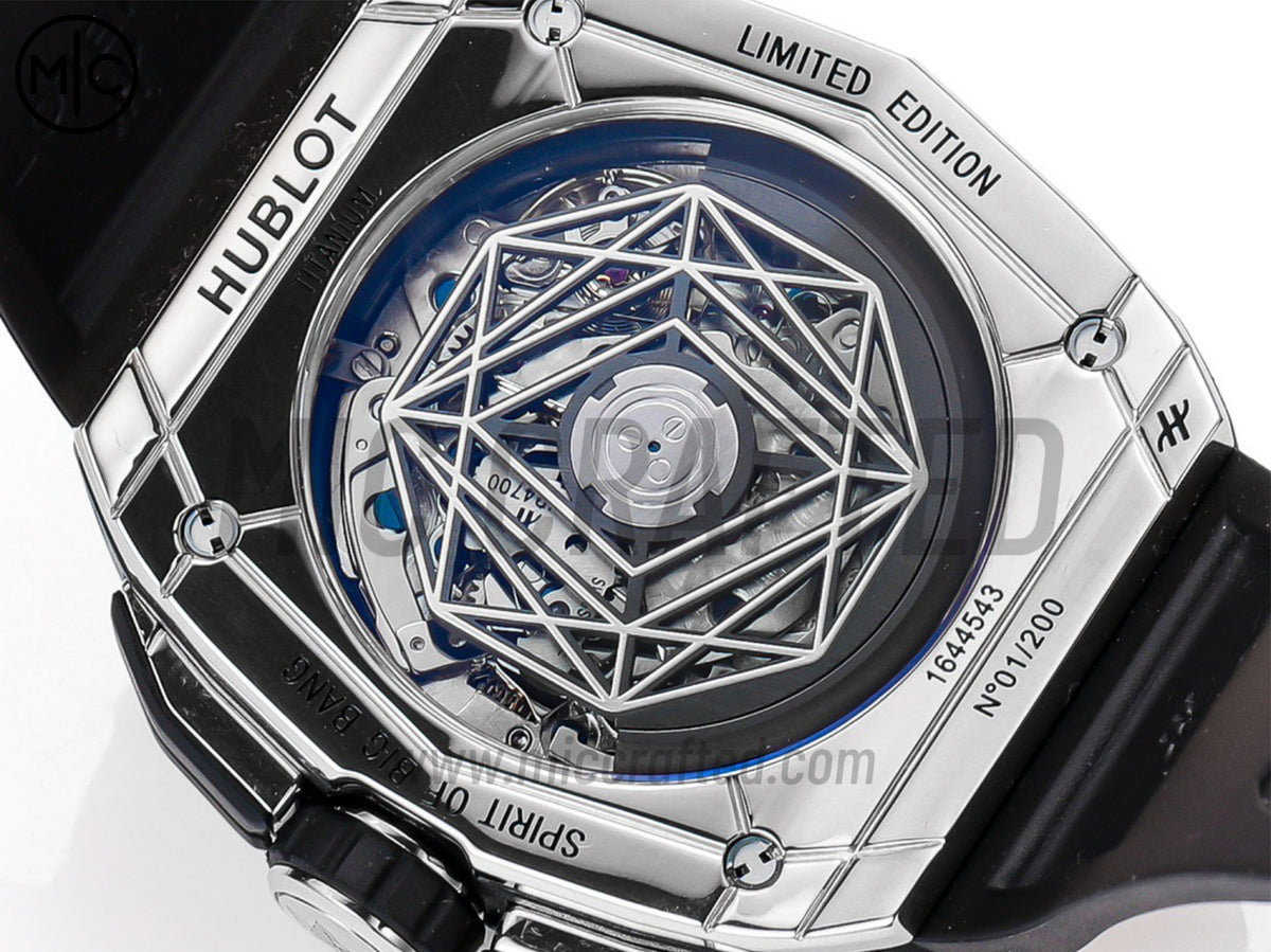 Spirit of Big Bang Sang Bleu 42mm SS Full Diamonds Skeleton Dial on Black Rubber Strap – Premium Edition