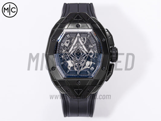 Spirit of Big Bang Sang Bleu 42mm PVD Skeleton Dial on Black Rubber Strap – Premium Edition