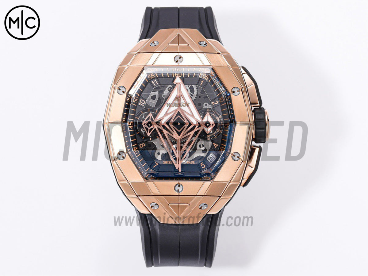 Spirit of Big Bang Sang Bleu 42mm 玫瑰金鏤空錶盤，配黑色橡膠錶帶 - 高級版