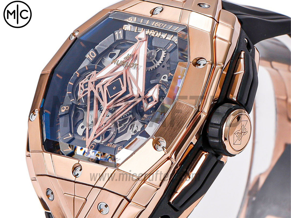 Spirit of Big Bang Sang Bleu 42mm 玫瑰金鏤空錶盤，配黑色橡膠錶帶 - 高級版