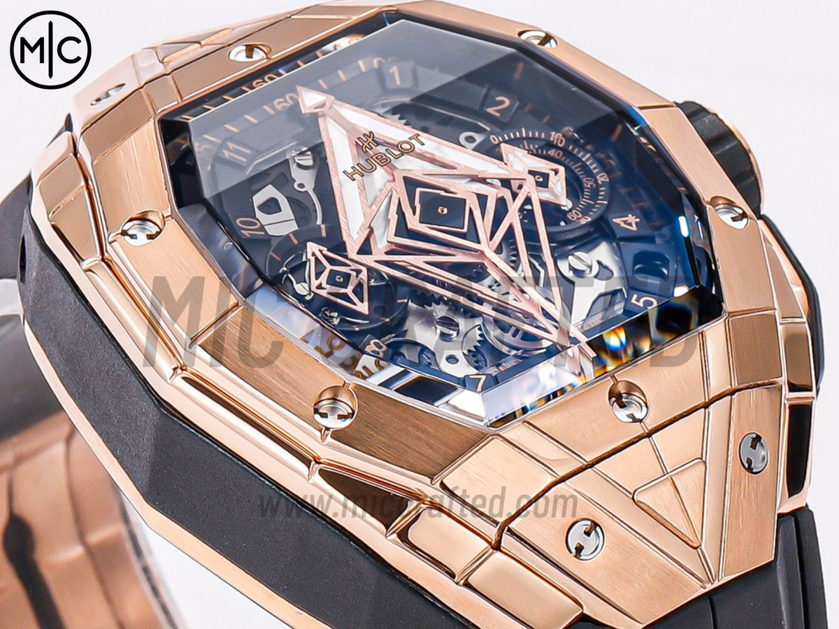 Spirit of Big Bang Sang Bleu 42mm 玫瑰金鏤空錶盤，配黑色橡膠錶帶 - 高級版