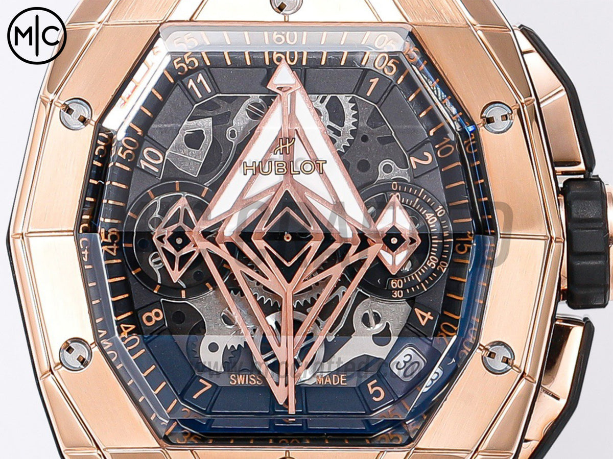 Spirit of Big Bang Sang Bleu 42mm 玫瑰金鏤空錶盤，配黑色橡膠錶帶 - 高級版