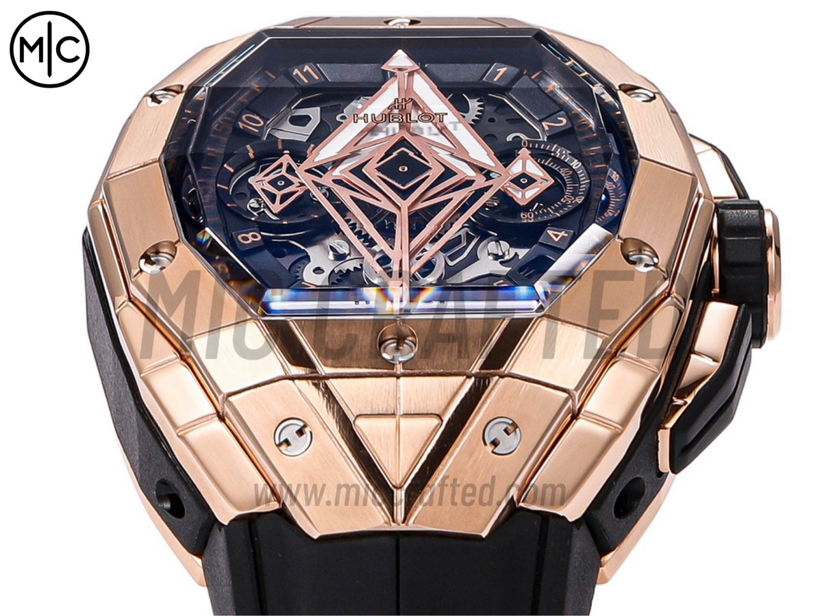 Spirit of Big Bang Sang Bleu 42mm 玫瑰金鏤空錶盤，配黑色橡膠錶帶 - 高級版