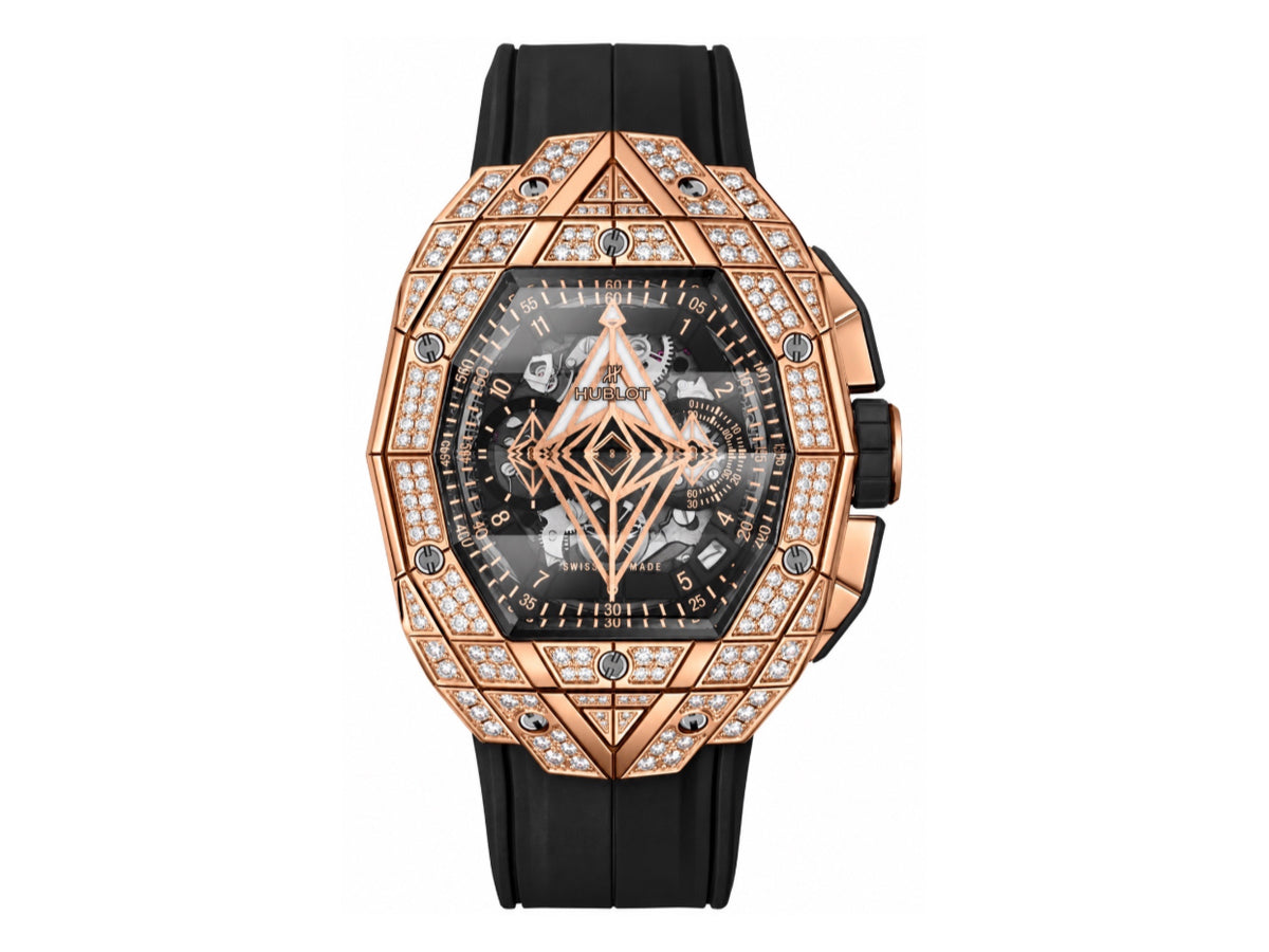 Spirit of Big Bang Sang Bleu 42mm 玫瑰金全鑽鏤空錶盤，配黑色橡膠錶帶 - 高級版