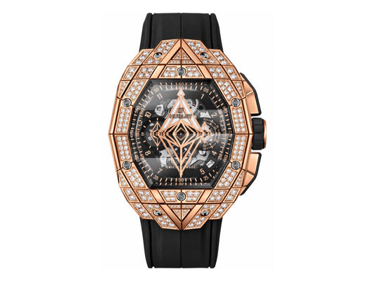 Spirit of Big Bang Sang Bleu 42mm RG Full Diamonds Skeleton Dial on Black Rubber Strap – Premium Edition