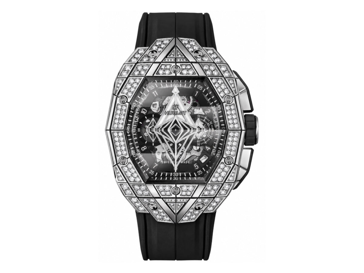 Spirit of Big Bang Sang Bleu 42mm SS Full Diamonds Skeleton Dial on Black Rubber Strap – Premium Edition