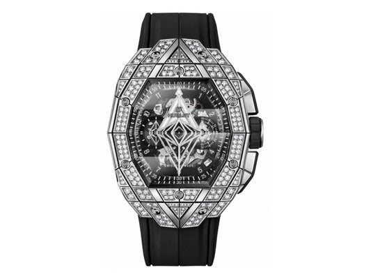 Spirit of Big Bang Sang Bleu 42mm SS Full Diamonds Skeleton Dial on Black Rubber Strap – Premium Edition