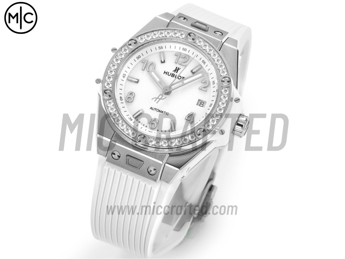 Big Bang 女士腕錶 39mm 不鏽鋼白色錶盤，配白色橡膠錶帶 - 高級版