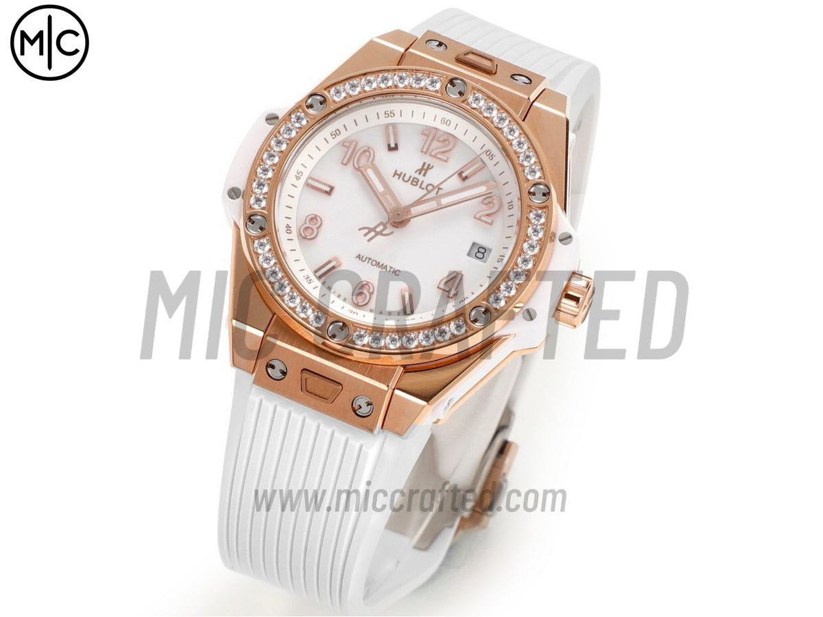 Big Bang 女士腕錶 39mm 玫瑰金白色錶盤，配白色橡膠錶帶 - 高級版