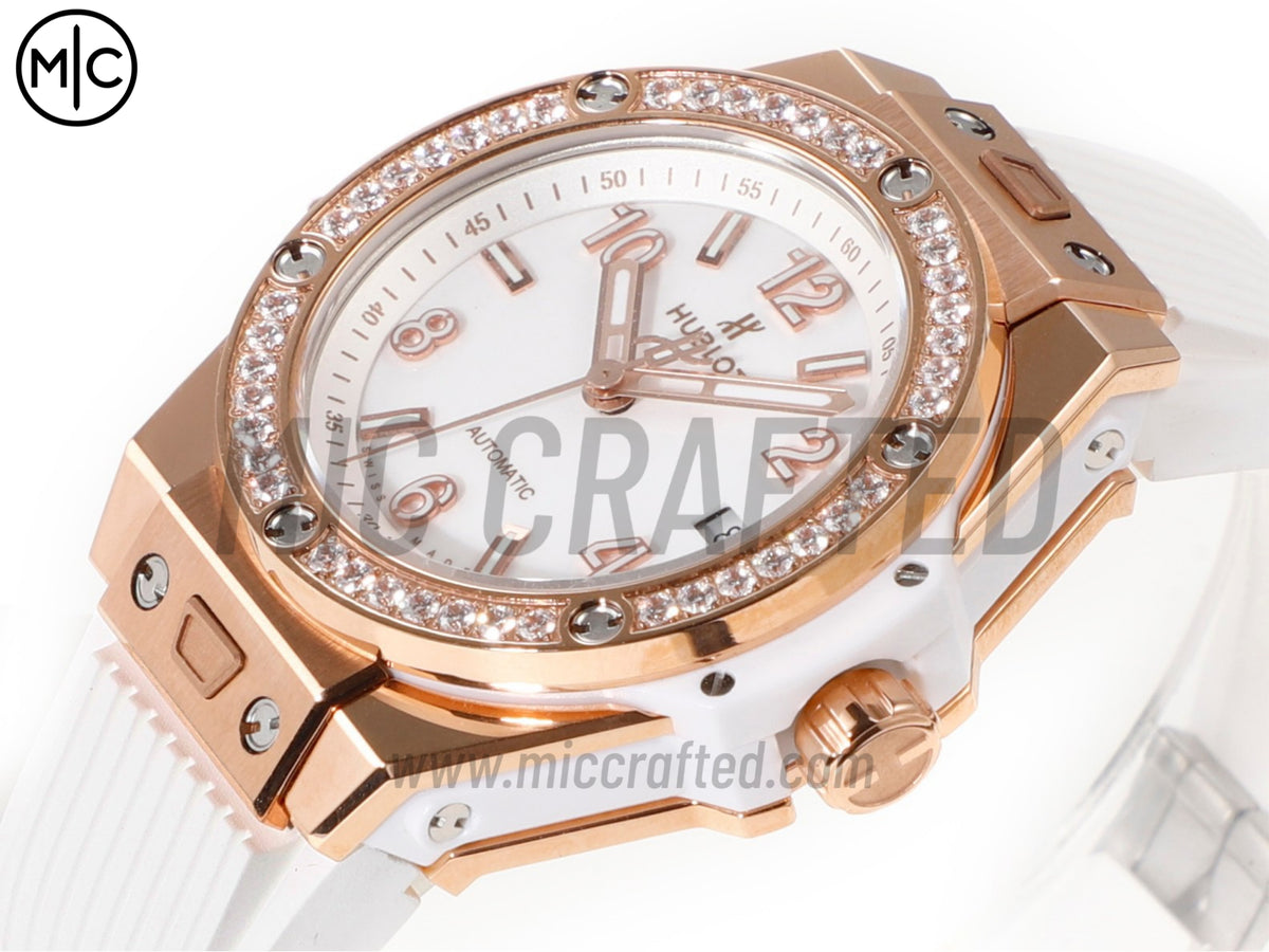 Big Bang 女士腕錶 39mm 玫瑰金白色錶盤，配白色橡膠錶帶 - 高級版