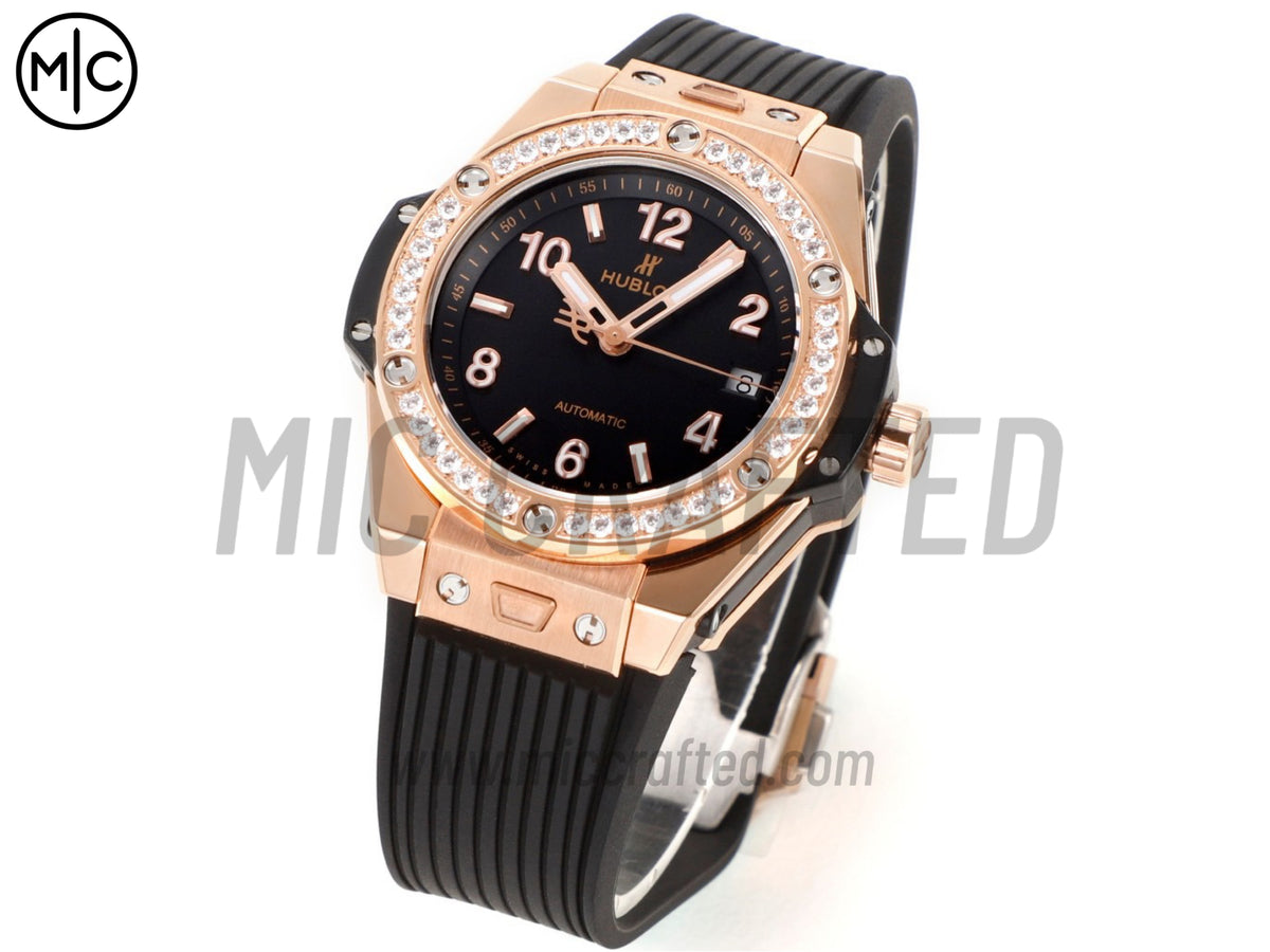 Big Bang 女士腕錶 39mm 玫瑰金黑色錶盤，配黑色橡膠錶帶 - 高級版