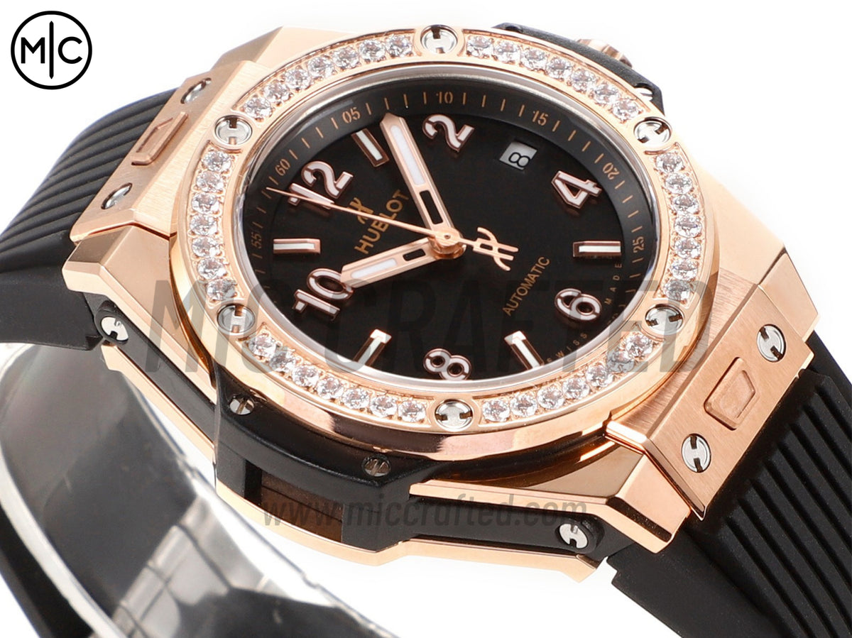 Big Bang 女士腕錶 39mm 玫瑰金黑色錶盤，配黑色橡膠錶帶 - 高級版