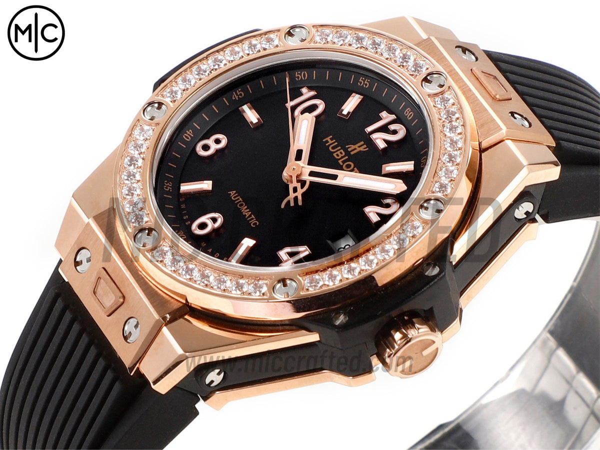 Big Bang 女士腕錶 39mm 玫瑰金黑色錶盤，配黑色橡膠錶帶 - 高級版