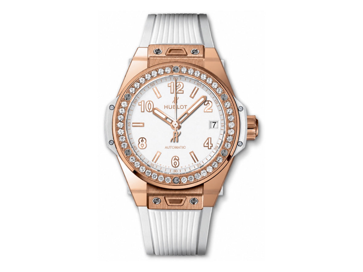 Big Bang 女士腕錶 39mm 玫瑰金白色錶盤，配白色橡膠錶帶 - 高級版