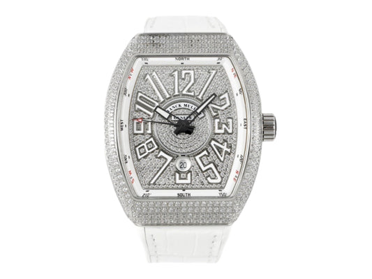 Vanguard V45 SS Full Diamonds Dial on White Leather Strap – Premium Edition