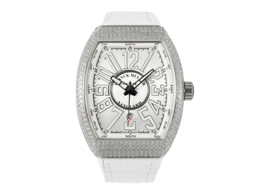 Vanguard V45 SS Full Diamonds Case Silver Dial on White Leather Strap – Premium Edition