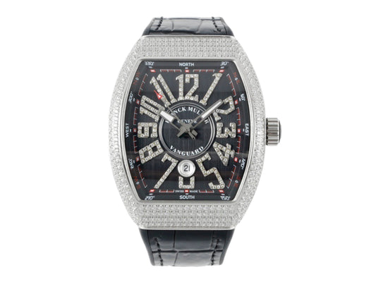 Vanguard V45 SS Full Diamonds Case Black Dial on Black Leather Strap – Premium Edition