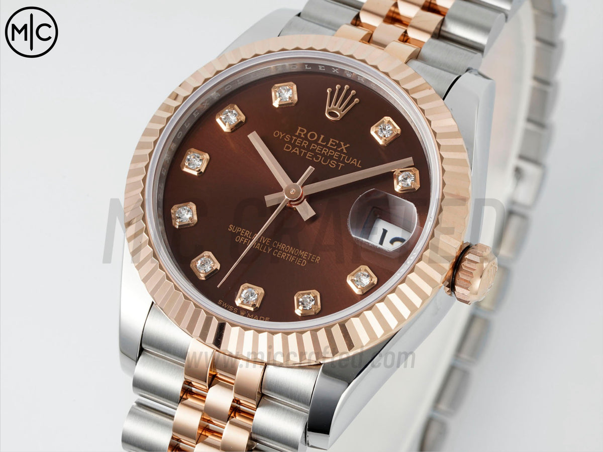 DateJust 31mm 女裝 278271 三角坑紋錶圈 不鏽鋼/玫瑰金棕色鑽石錶盤搭配 Jubilee 錶帶 - 尊貴版