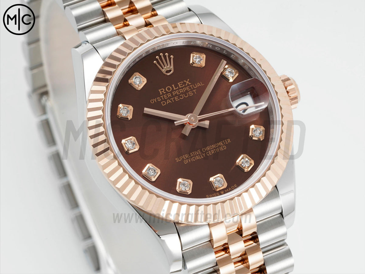 DateJust 31mm 女裝 278271 三角坑紋錶圈 不鏽鋼/玫瑰金棕色鑽石錶盤搭配 Jubilee 錶帶 - 尊貴版